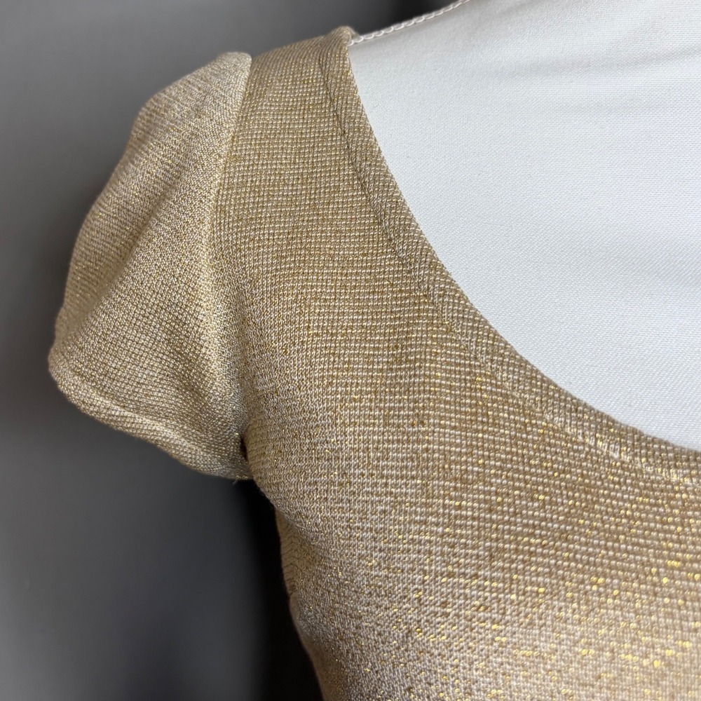 ST JOHN Gold Metallic Dress 8 Stretch Knit A-Line Quiet Luxury Wedding Guest - Picture 7 of 15